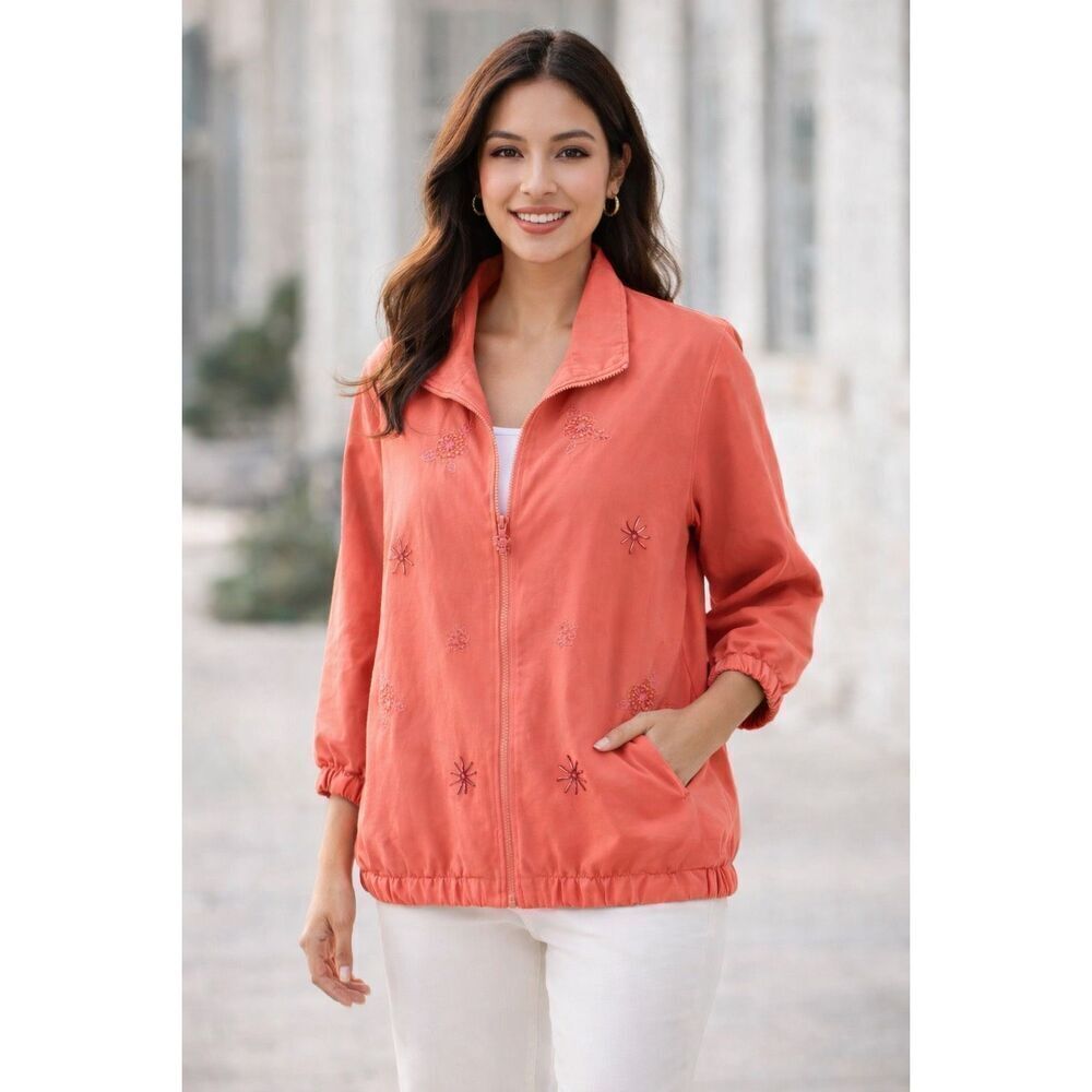Kenneth Too Coral Embroidered Zip Front Jacket Size Medium Vintage Floral Boho